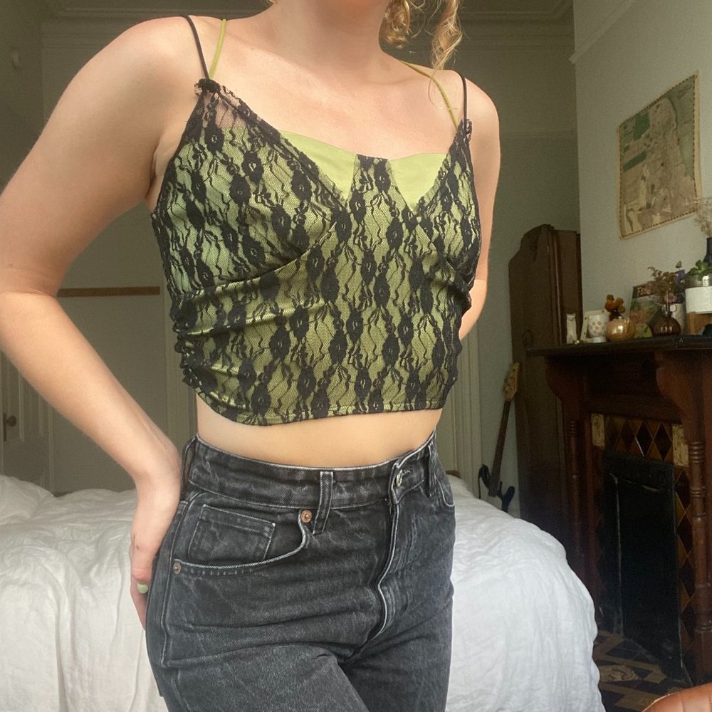 Sexy & Unique Green and Black Lace Crop Top Size S